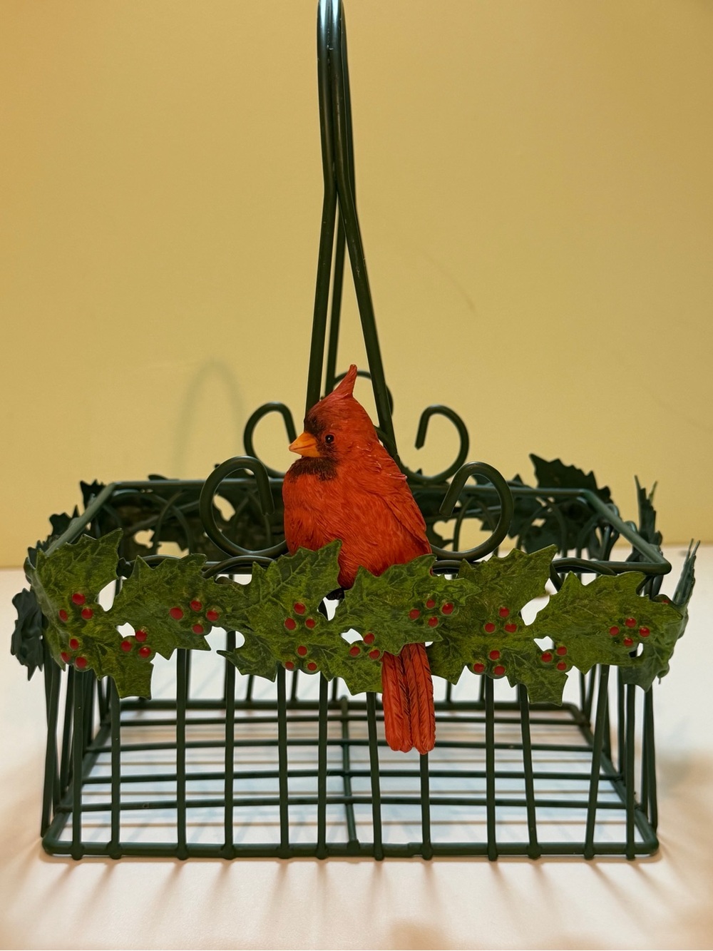 Christmas Red Cardinal Wire Basket Decor Festive Holiday Centerpiece w/ Holly